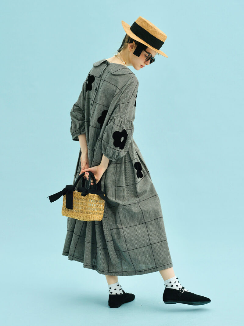 Plaid Cotton Linen A-Line Dress with Puff Sleeves & Appliques - Image 4