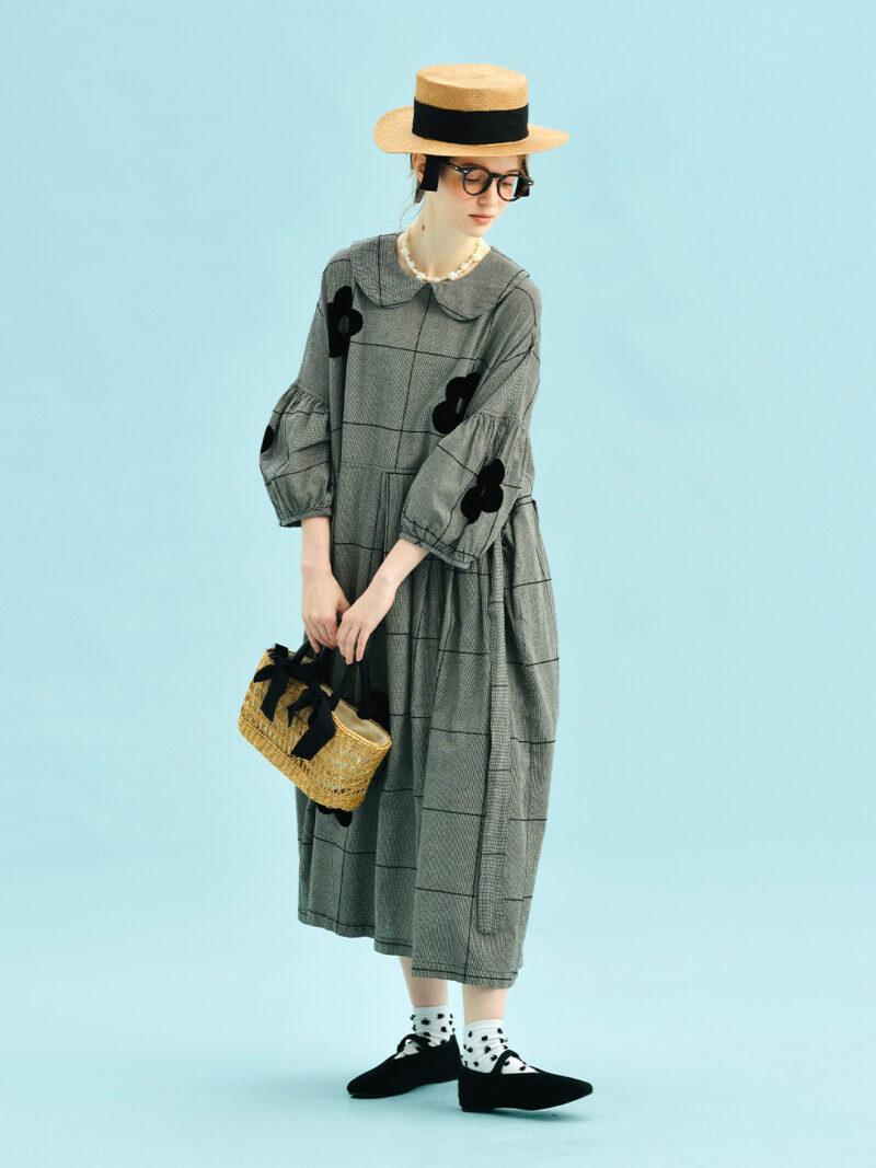 Plaid Cotton Linen A-Line Dress with Puff Sleeves & Appliques - Image 3
