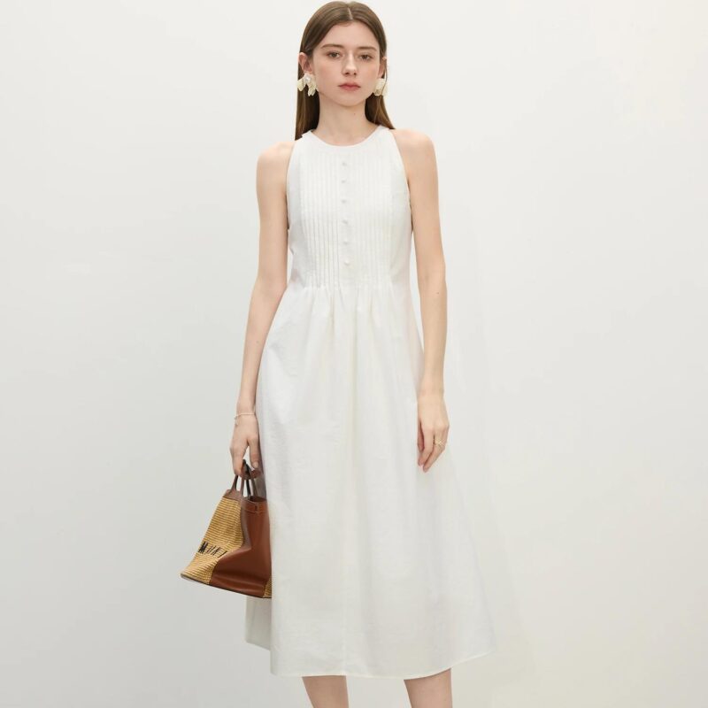Elegant Slim A-Line Pleated Halter Neck Dress