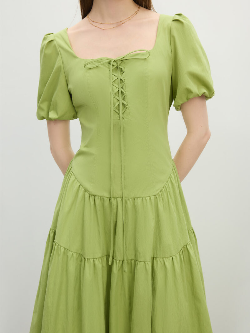 French Square Neck A-Line Puff Sleeve Summer Dress - Image 5
