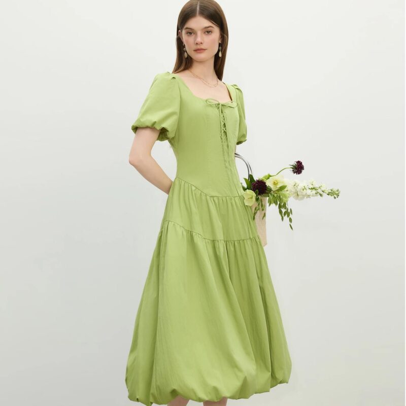 French Square Neck A-Line Puff Sleeve Summer Dress