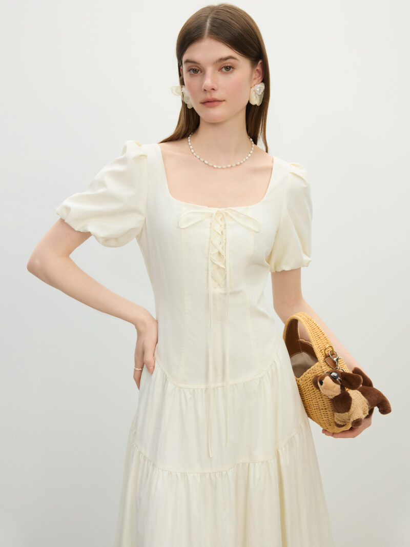 French Square Neck A-Line Puff Sleeve Summer Dress - Image 8