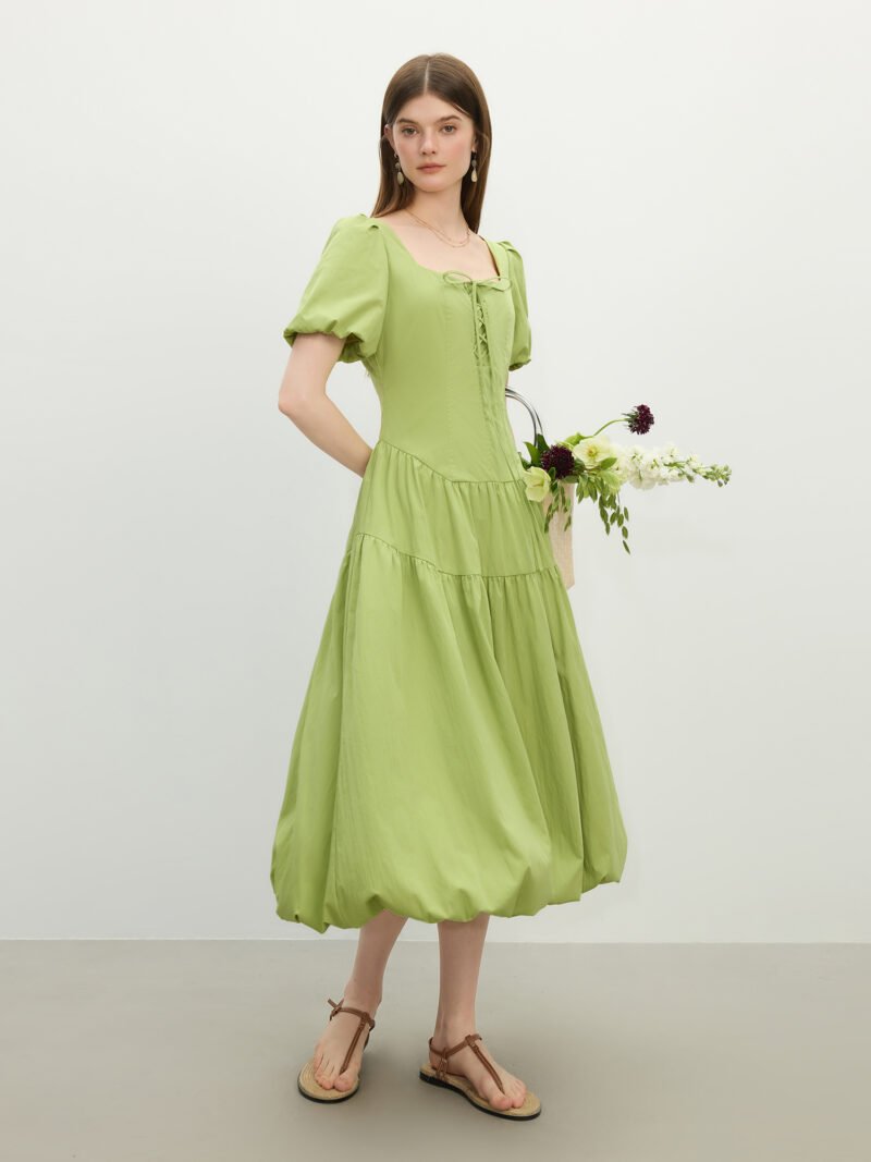 French Square Neck A-Line Puff Sleeve Summer Dress - Image 4