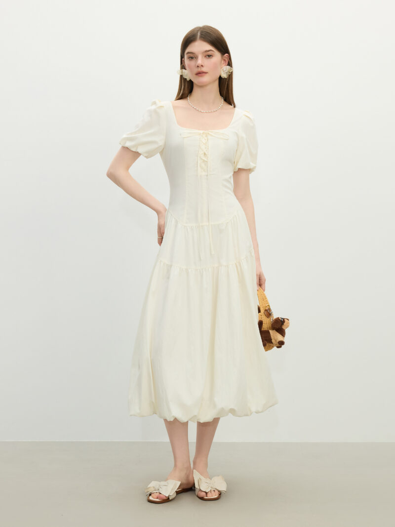 French Square Neck A-Line Puff Sleeve Summer Dress - Image 6
