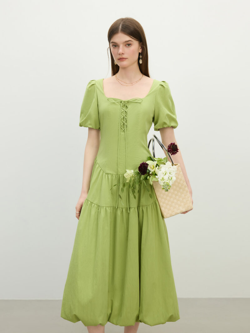 French Square Neck A-Line Puff Sleeve Summer Dress - Image 2