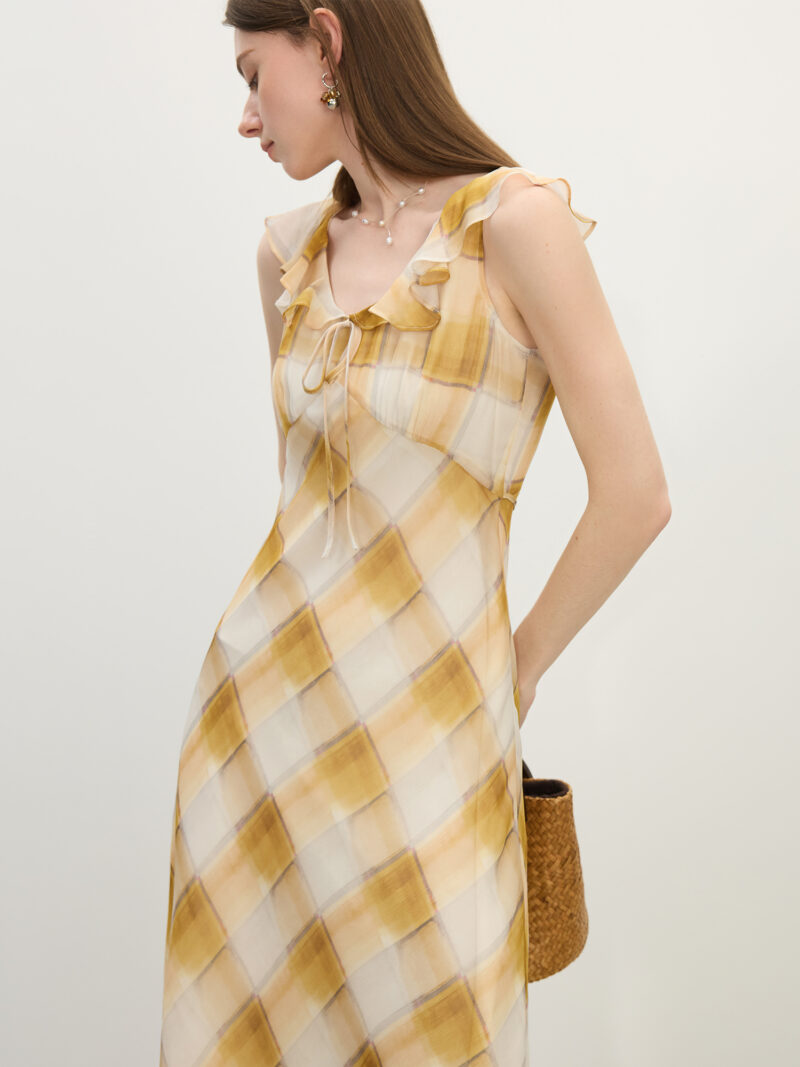 French Checkered Ruffle Summer Dress - Image 4
