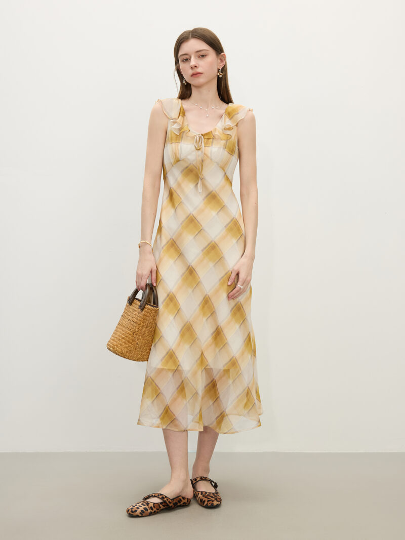 French Checkered Ruffle Summer Dress - Image 2