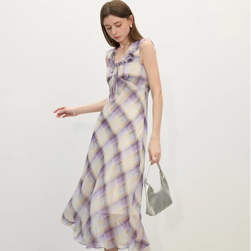 French Checkered Ruffle Summer Dress