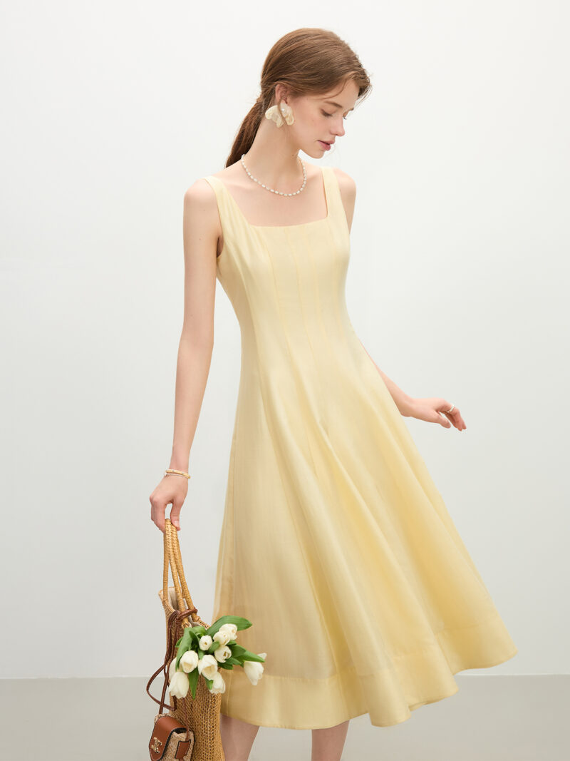 Summer Slim Fit A-Line Strappy Midi Dress with Square Neckline - Image 3