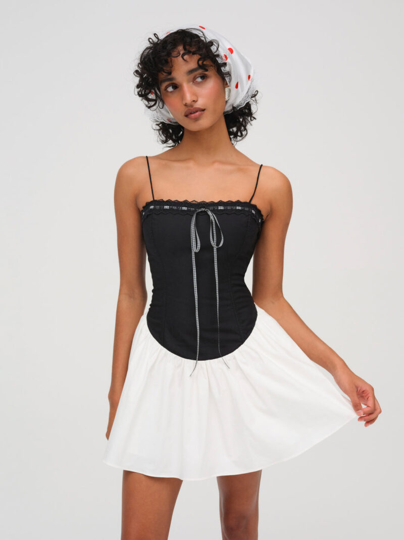 Black and White Patchwork Spaghetti Strap Mini Dress - Image 3