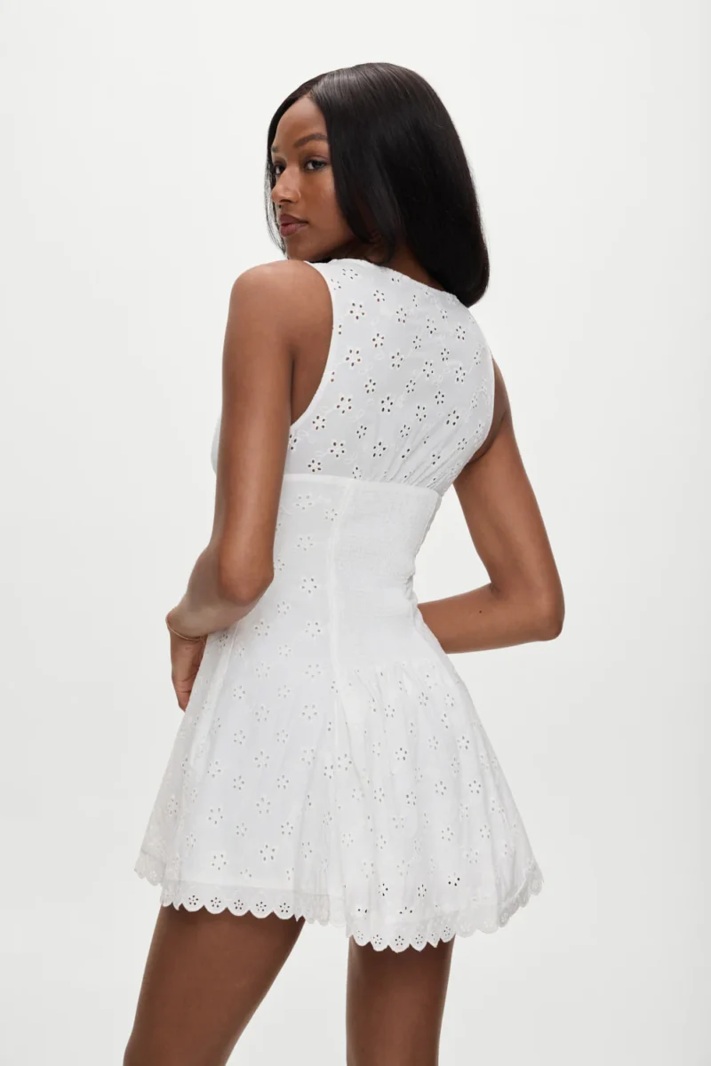 White Embroidered Sleeveless V-Neck Mini Dress – Hollow Out Summer A-Line - Image 6