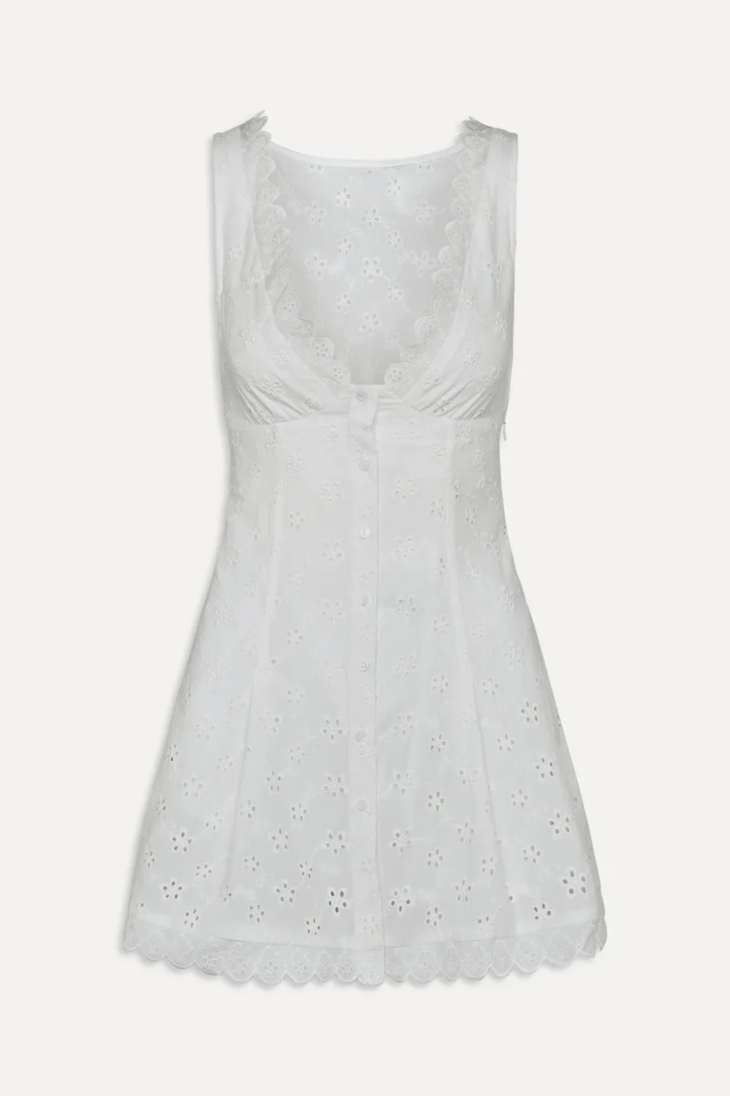 White Embroidered Sleeveless V-Neck Mini Dress – Hollow Out Summer A-Line - Image 8