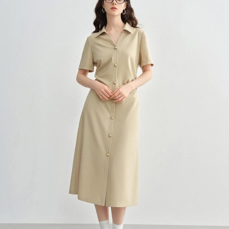 Plus Size V-Neck Button Shirt Dress for Women - Summer Casual Mid-Calf Fit