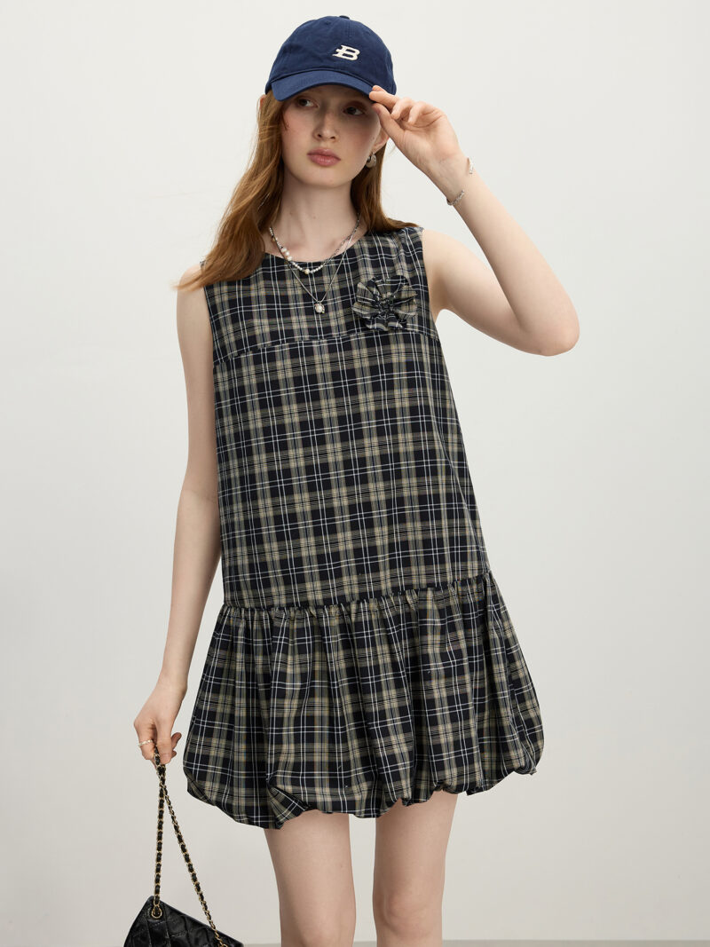 Summer Plaid Sleeveless A-Line Mini Dress with 3D Flower Detail - Image 2