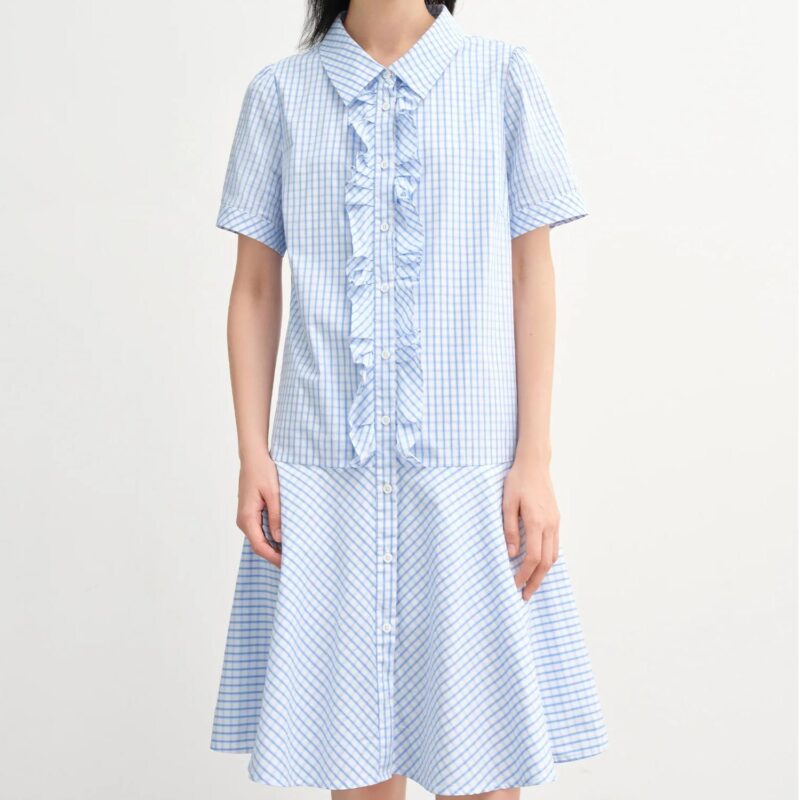 Ruffled decorative plaid shirt dress