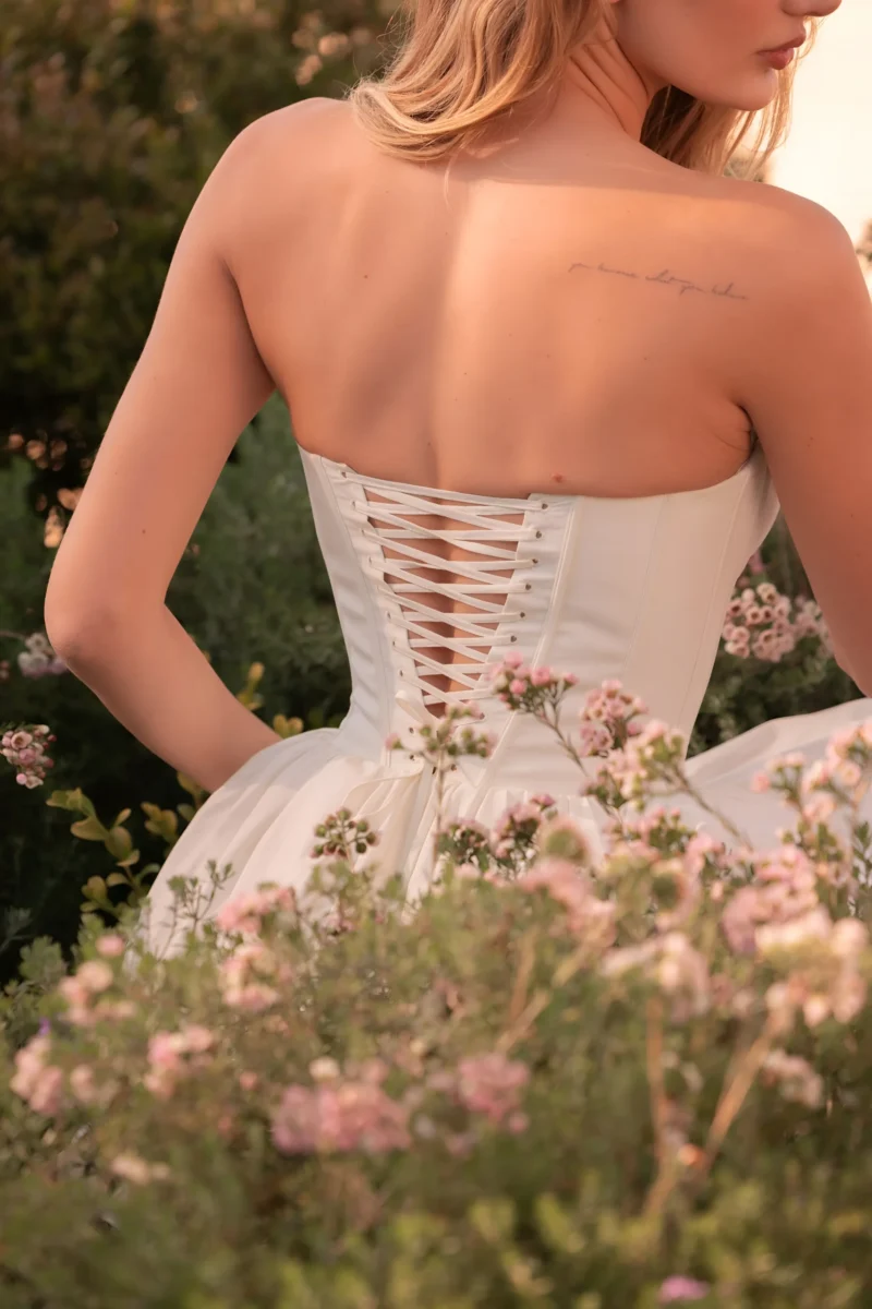 Strapless Beige Mini Dress with Lace-Up Back - Image 4
