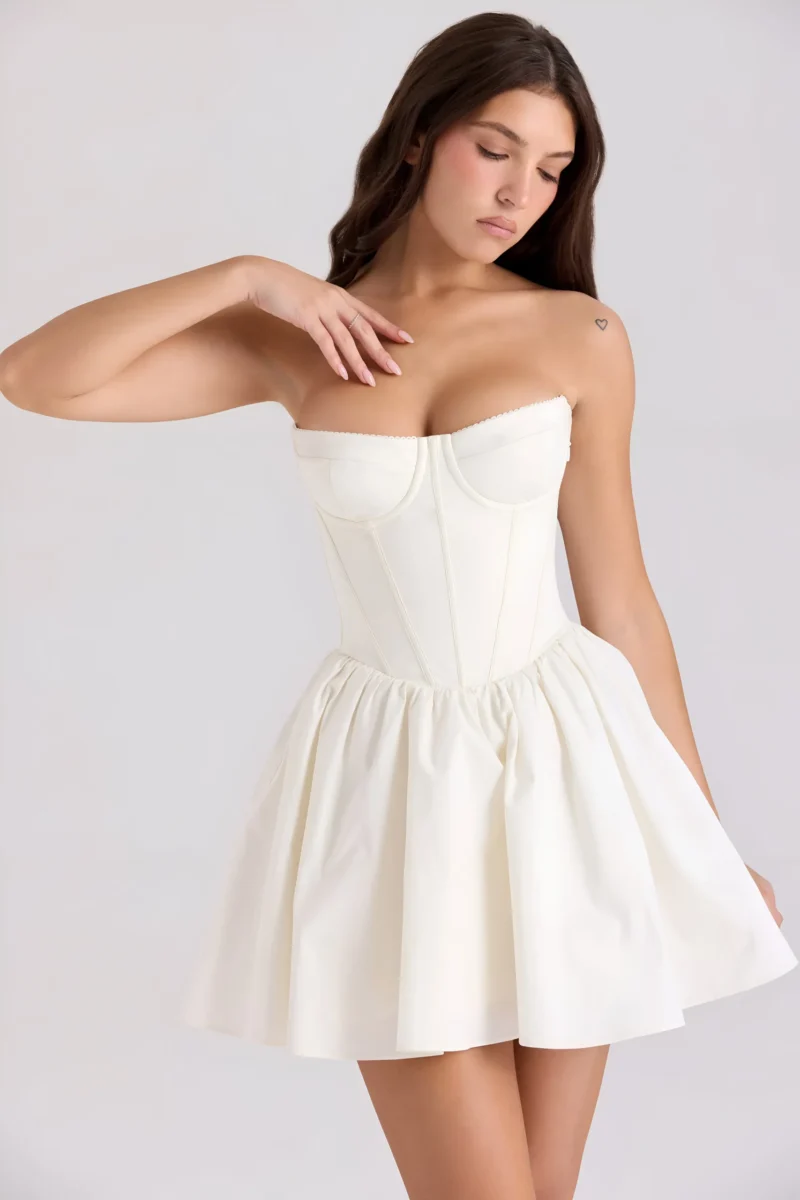 Strapless Beige Mini Dress with Lace-Up Back - Image 6