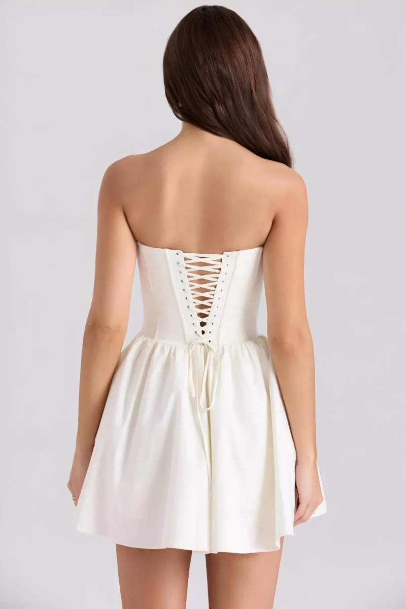 Strapless Beige Mini Dress with Lace-Up Back - Image 8