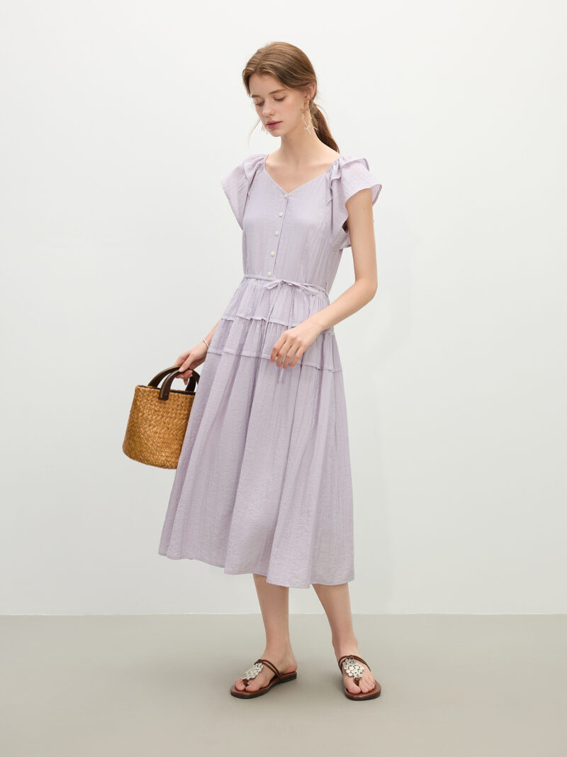 Elegant Square Neck Summer Midi Dress with Flutter Sleeves - Image 3
