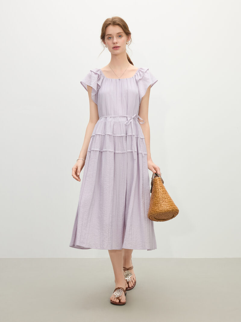 Elegant Square Neck Summer Midi Dress with Flutter Sleeves - Image 2