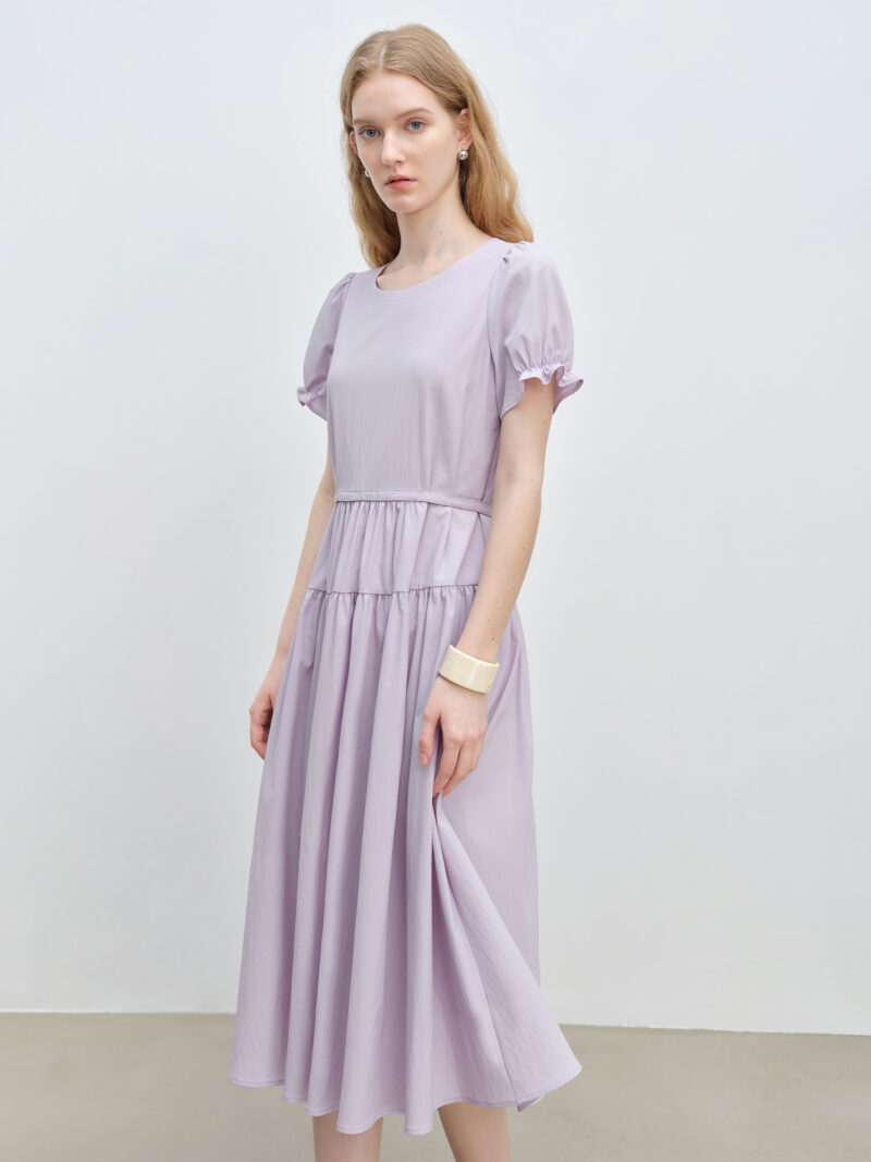 Petite Purple Puff Sleeve A-Line Dress with Adjustable Waist – Mid-Calf - Image 2