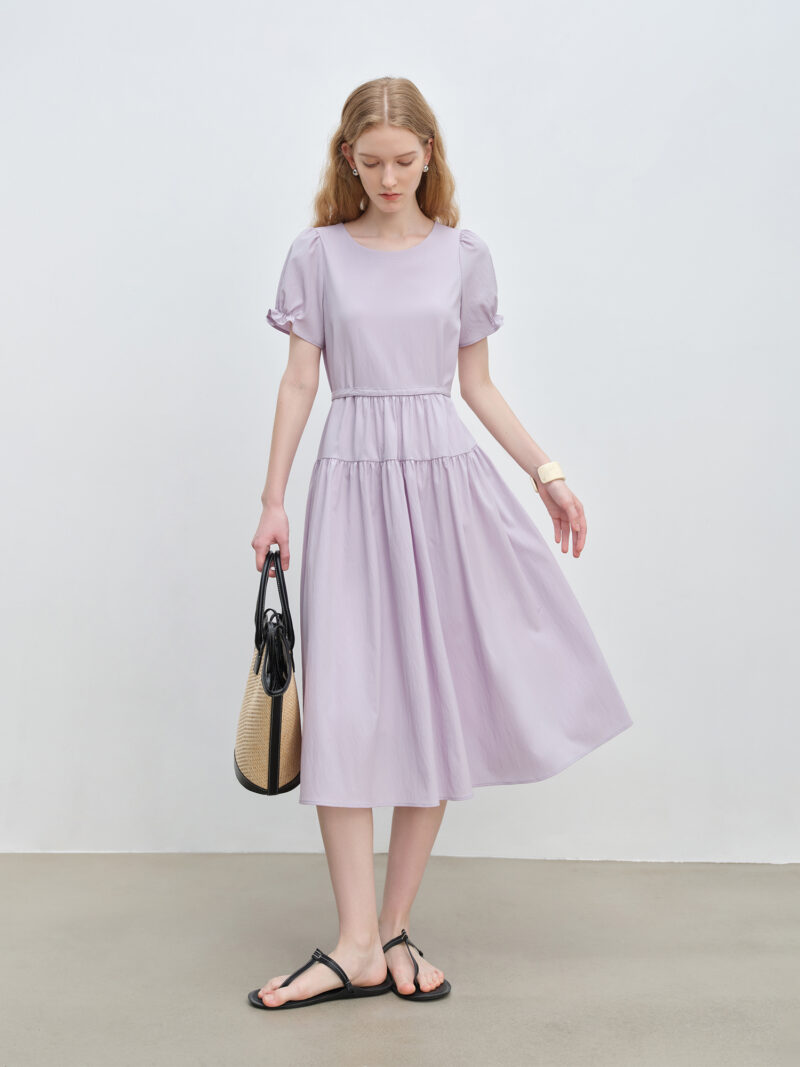 Petite Purple Puff Sleeve A-Line Dress with Adjustable Waist – Mid-Calf - Image 3