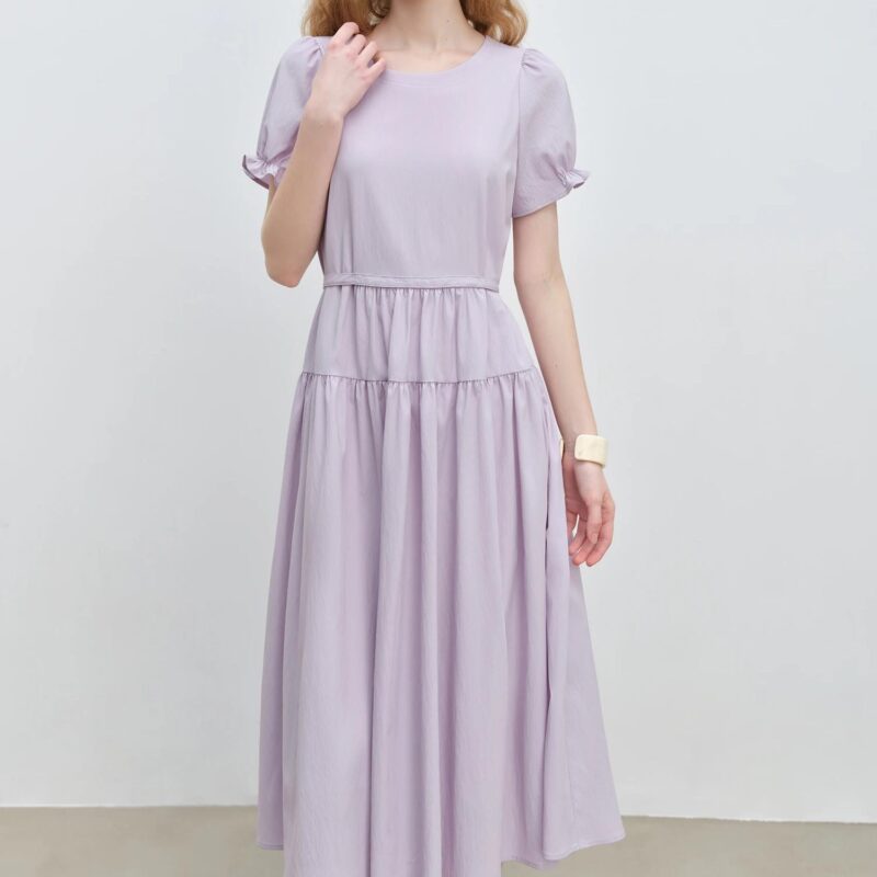 Petite Purple Puff Sleeve A-Line Dress with Adjustable Waist – Mid-Calf