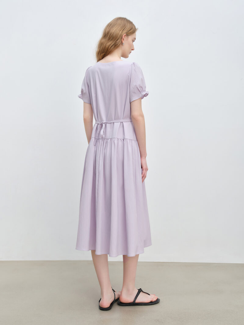 Petite Purple Puff Sleeve A-Line Dress with Adjustable Waist – Mid-Calf - Image 4