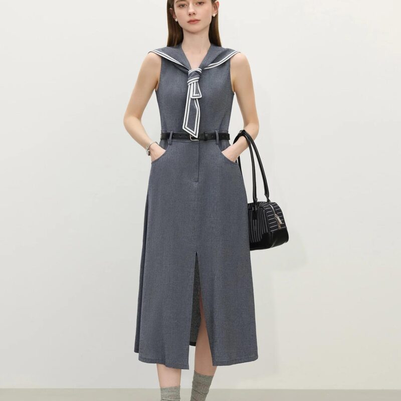 Sleeveless Sailor Collar A-Line Summer Dress – Mock Denim Look