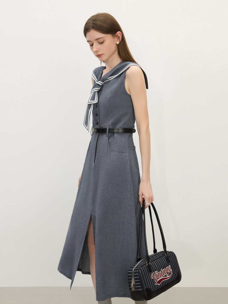 Sleeveless Sailor Collar A-Line Summer Dress – Mock Denim Look - Image 3