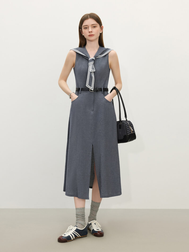 Sleeveless Sailor Collar A-Line Summer Dress – Mock Denim Look - Image 4