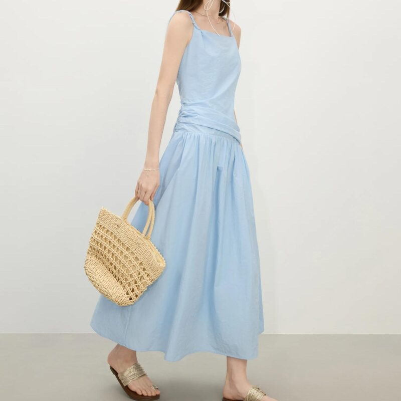 Elegant Pleated Off-Shoulder Spaghetti Strap Maxi Dress