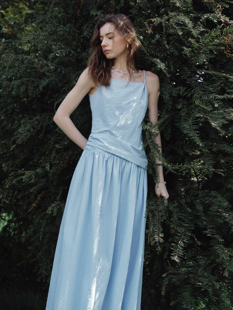 Elegant Pleated Off-Shoulder Spaghetti Strap Maxi Dress - Image 3