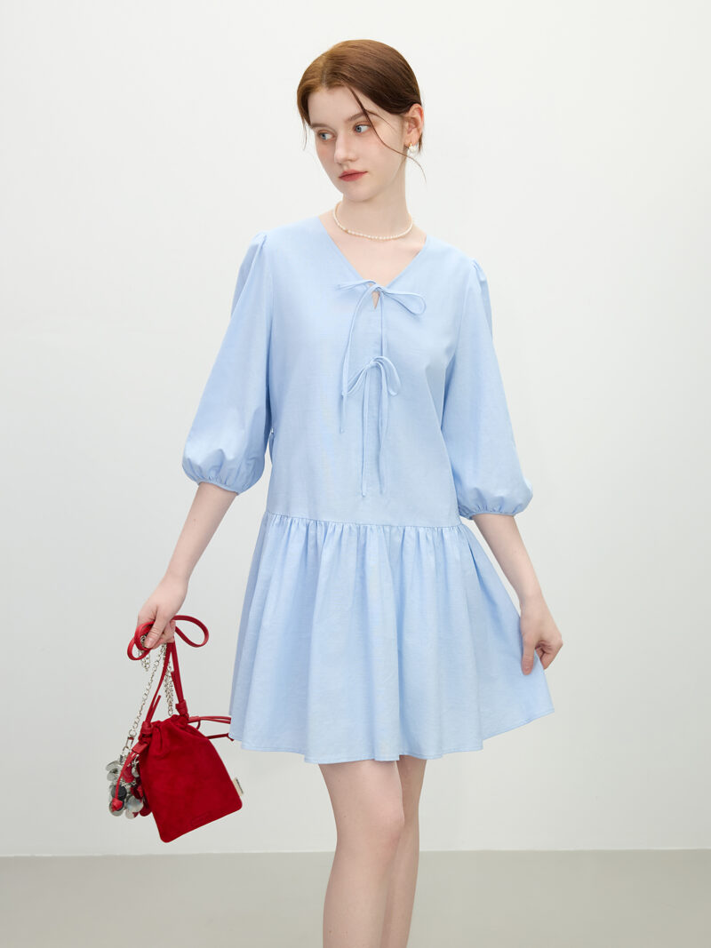 Summer V-Neck Bow Linen A-Line Dress – Casual to Chic Elegance - Image 3