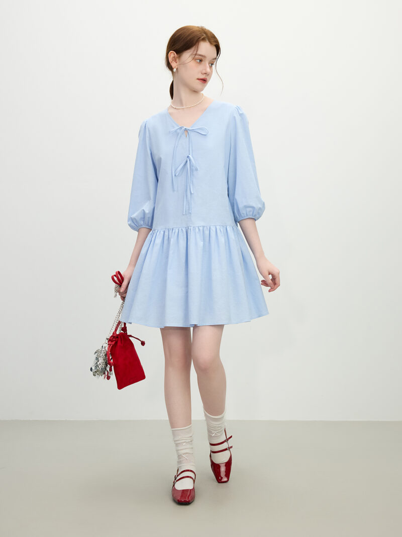 Summer V-Neck Bow Linen A-Line Dress – Casual to Chic Elegance - Image 2