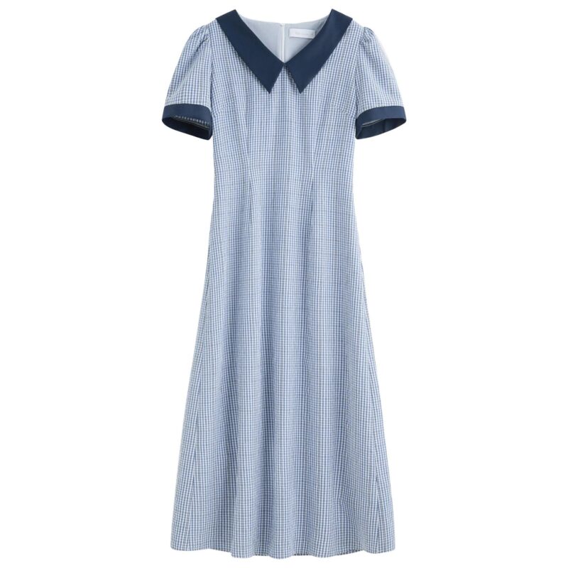 Chic Checkered Summer A-Line Dress with Tailored Waist & V-Neck