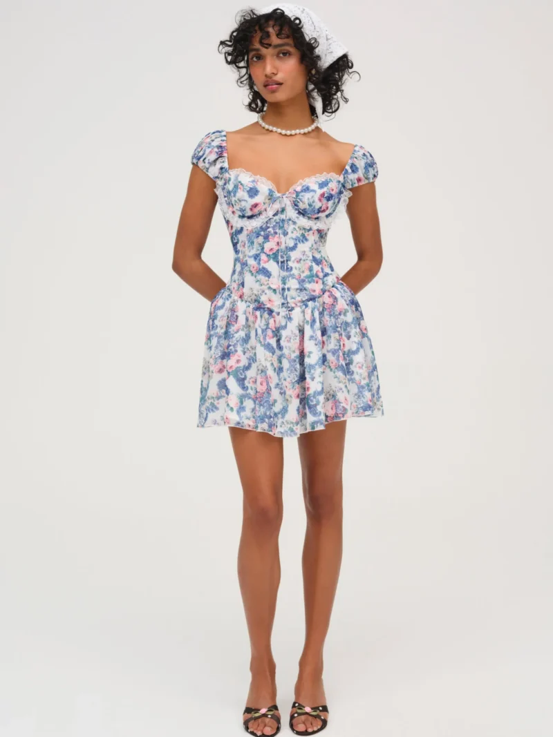 Boho Blue Floral Puff Sleeve Mini Dress – Lace A-Line Summer Holiday Style - Image 2