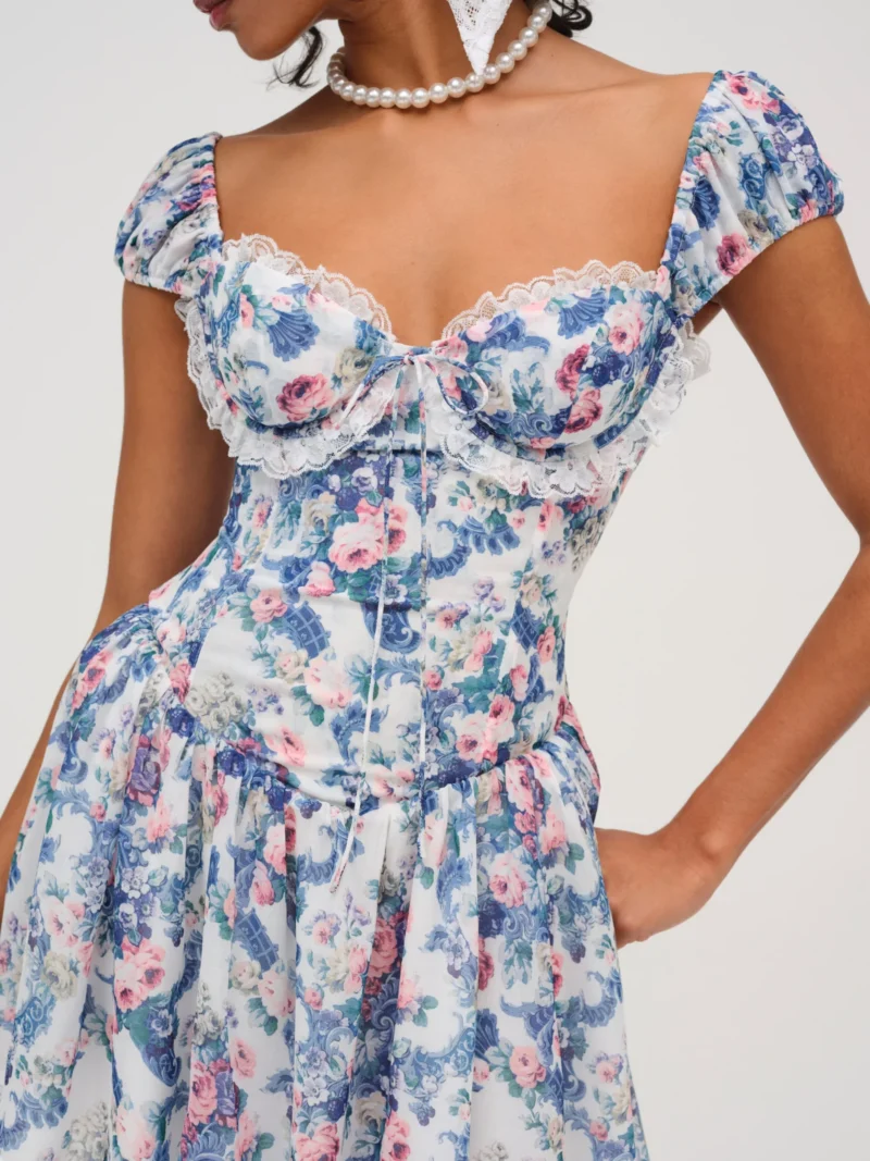 Boho Blue Floral Puff Sleeve Mini Dress – Lace A-Line Summer Holiday Style - Image 5