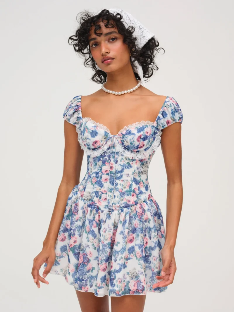 Boho Blue Floral Puff Sleeve Mini Dress – Lace A-Line Summer Holiday Style - Image 3