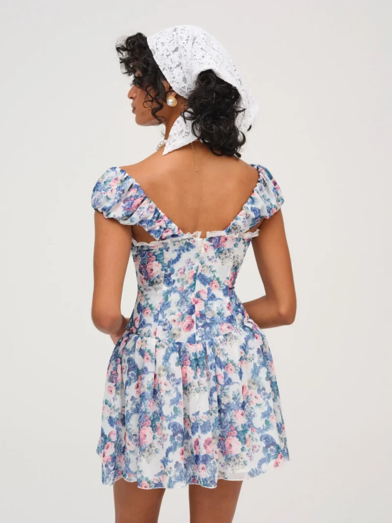 Boho Blue Floral Puff Sleeve Mini Dress – Lace A-Line Summer Holiday Style - Image 4