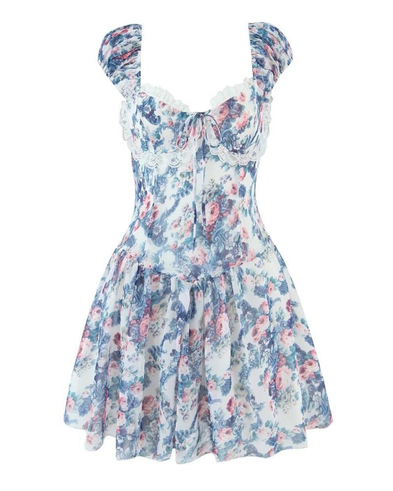 Boho Blue Floral Puff Sleeve Mini Dress – Lace A-Line Summer Holiday Style - Image 6