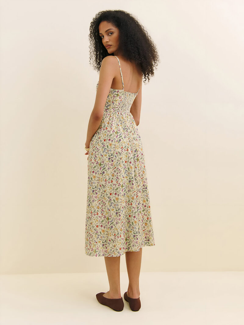 Elegant French Floral Midi Dress with Bow & Spaghetti Straps – Summer Chic - Image 3