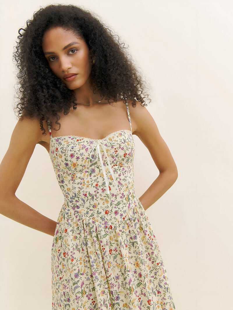 Elegant French Floral Midi Dress with Bow & Spaghetti Straps – Summer Chic - Image 5