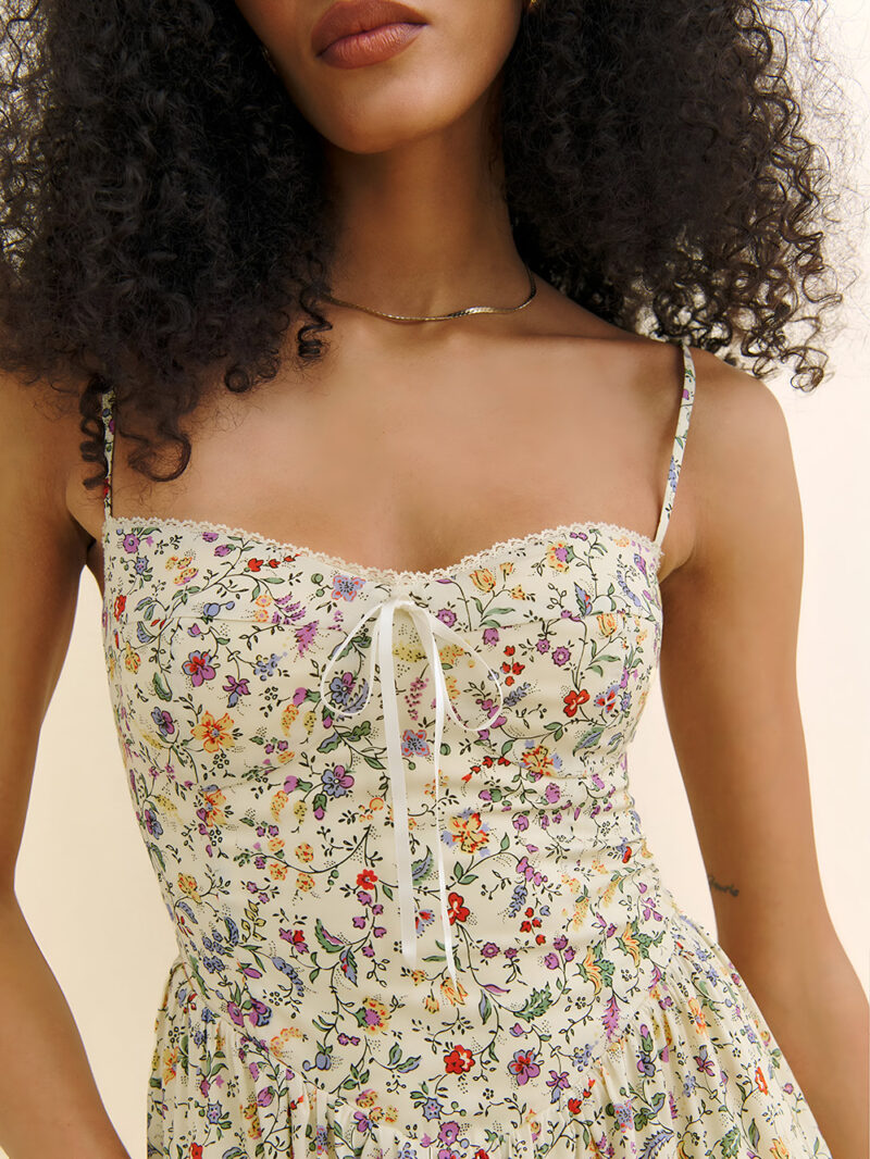 Elegant French Floral Midi Dress with Bow & Spaghetti Straps – Summer Chic - Image 6