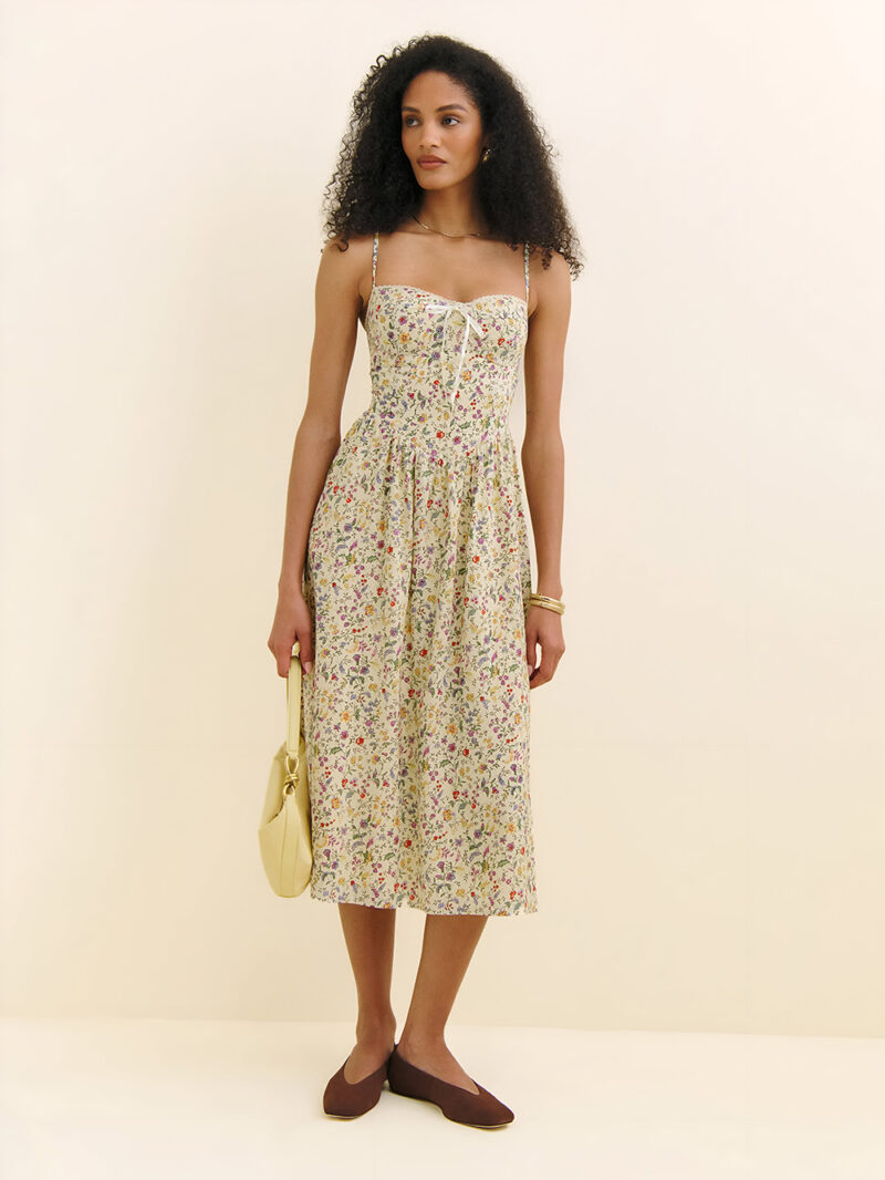 Elegant French Floral Midi Dress with Bow & Spaghetti Straps – Summer Chic - Image 2