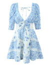 Boho Blue Floral Lace Mini Dress - Backless V-Neck A-Line Summer Style