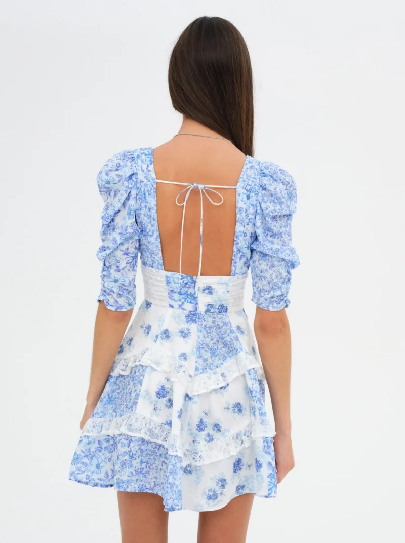 Boho Blue Floral Lace Mini Dress - Backless V-Neck A-Line Summer Style - Image 5