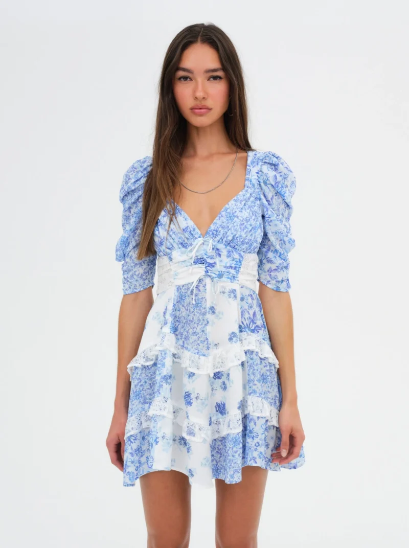 Boho Blue Floral Lace Mini Dress - Backless V-Neck A-Line Summer Style - Image 3
