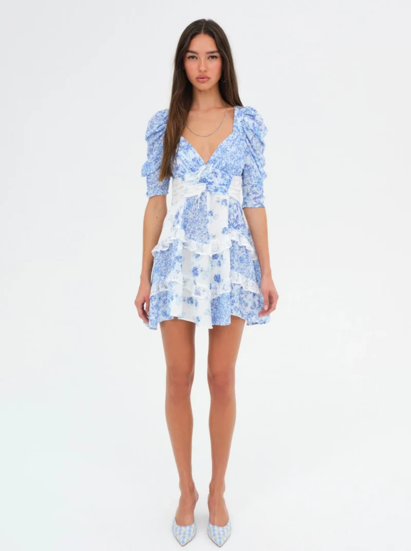 Boho Blue Floral Lace Mini Dress - Backless V-Neck A-Line Summer Style - Image 2