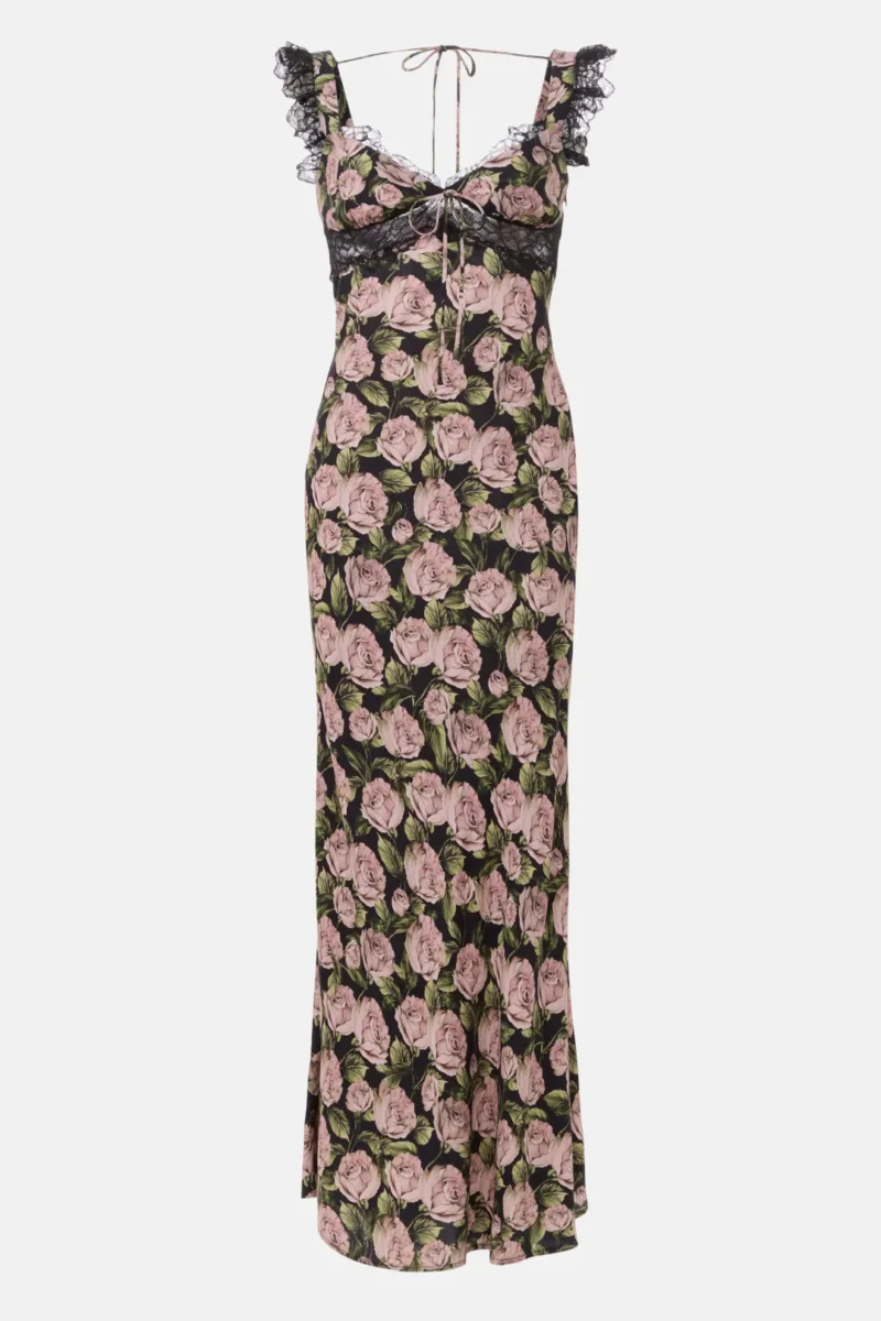 Rose Print Backless V-Neck Sleeveless Midi Dress with Lace – Summer A-Line - Image 9
